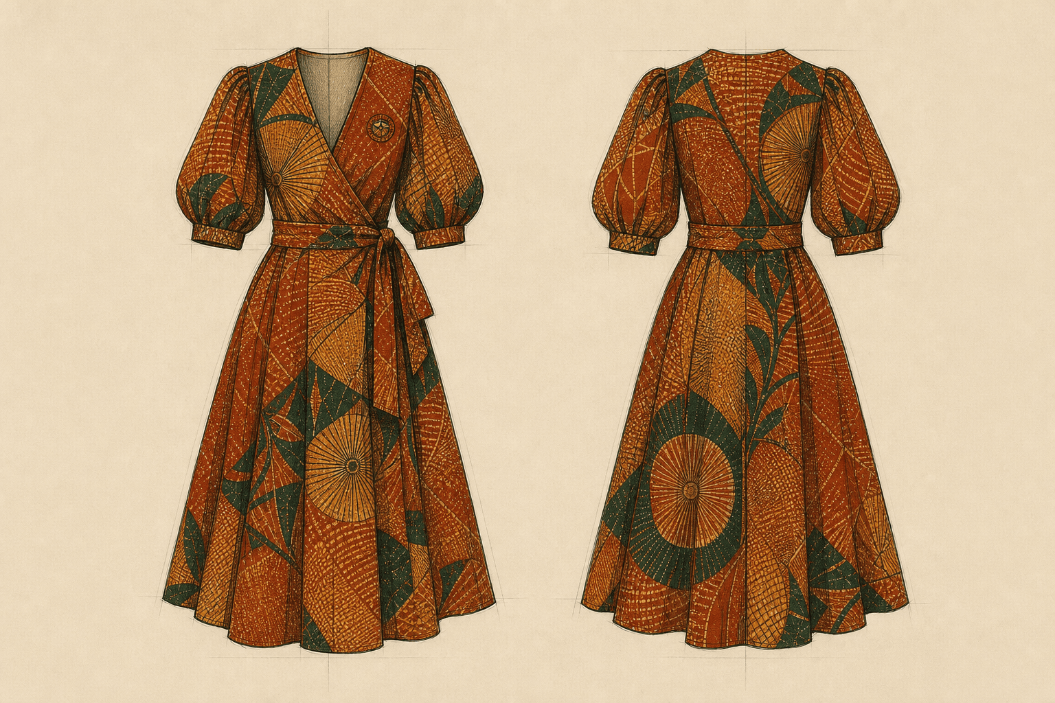 Front and back design views of an unmade wrap dress on warm paper