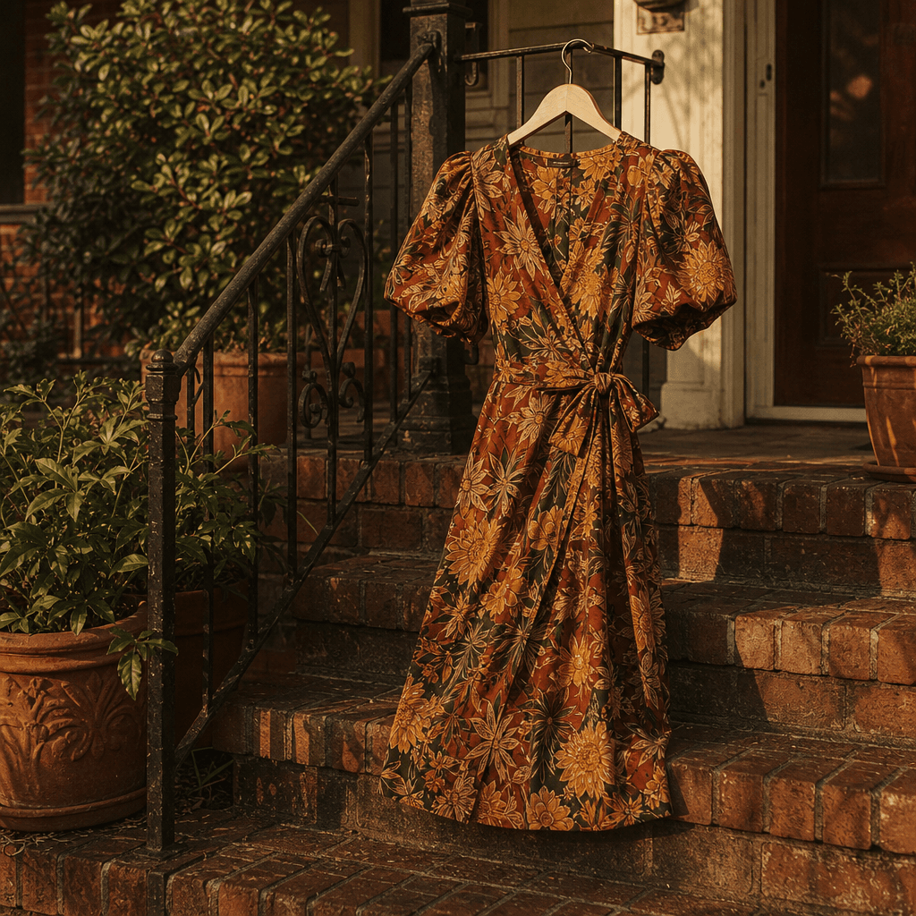 The same dress standing in an atlanta stoop, golden hour